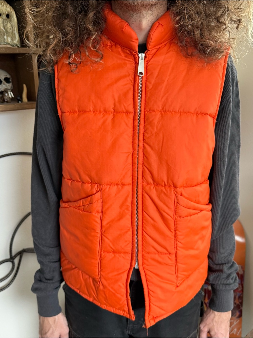 Vintage 70s Blaze Orange Zip Up Puffer Vest ~ Size XL